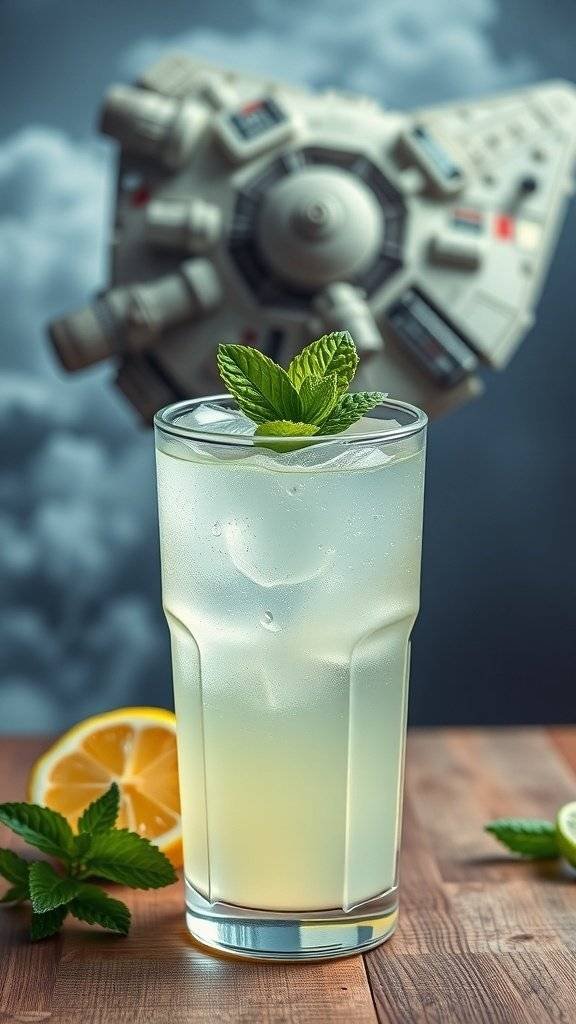 A refreshing glass of mint lemonade with ice, garnished with mint leaves, in front of a model of the Millennium Falcon.