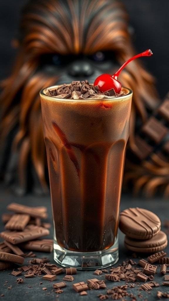 A glass of chocolate soda topped with whipped cream, chocolate shavings, and a cherry, with Chewbacca's figure in the background.