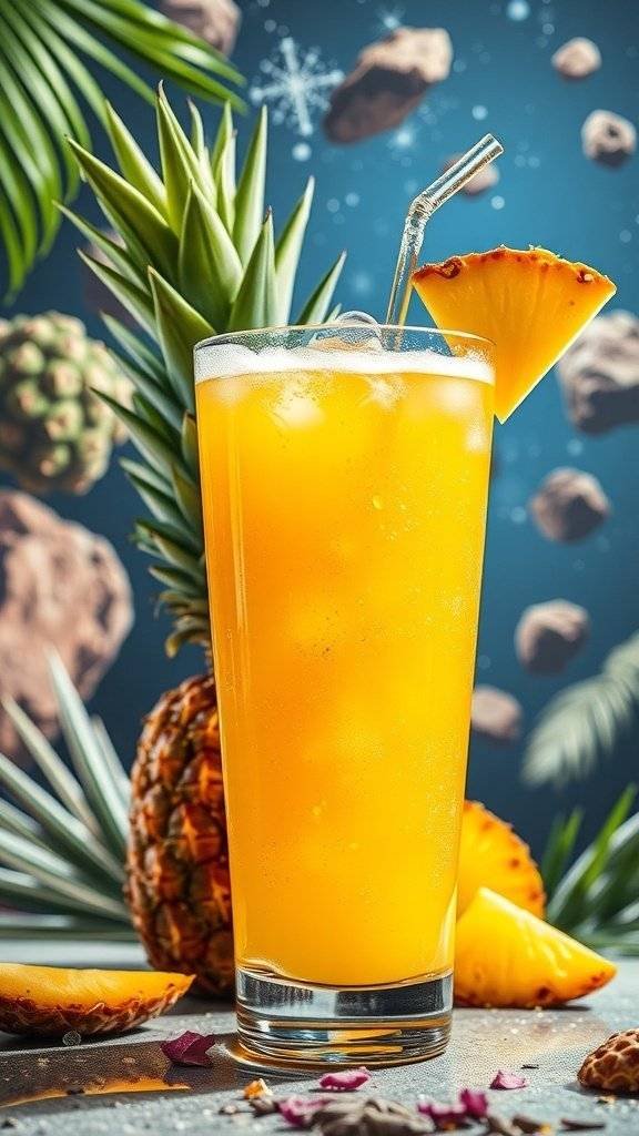 A refreshing Pineapple Fizz drink with a slice of pineapple on the rim, set against a cosmic background.