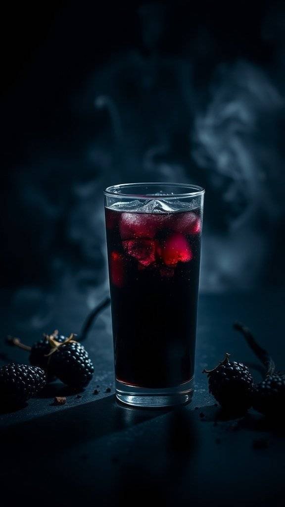 A glass of dark blackberry drink with ice, surrounded by fresh blackberries.