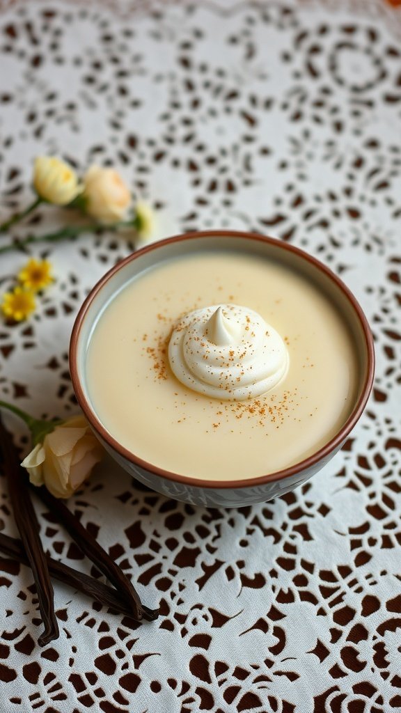 A bowl of silky vanilla pudding topped with whipped cream and nutmeg, surrounded by flowers and vanilla pods.