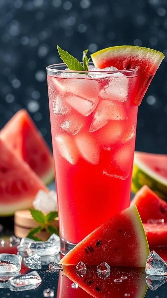 A refreshing watermelon drink with ice and mint leaves, surrounded by watermelon slices.