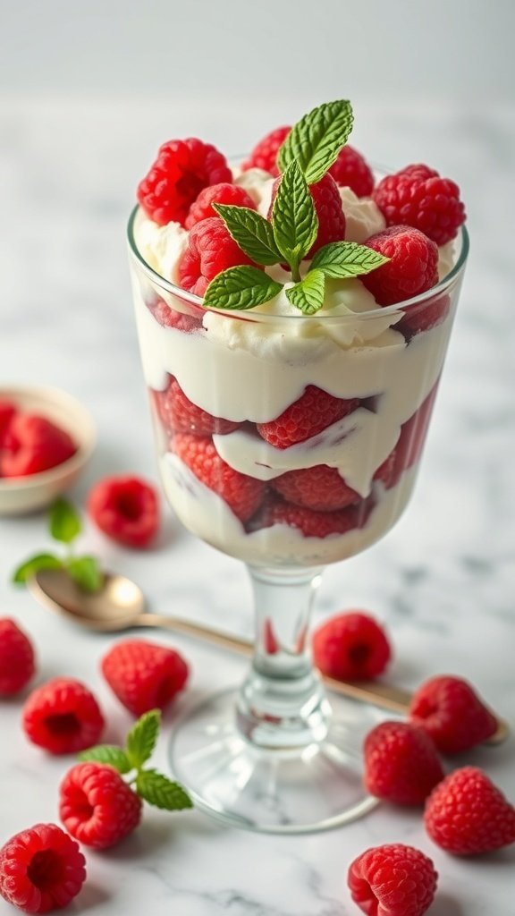 A glass of Raspberry Fool dessert topped with fresh raspberries and mint leaves.