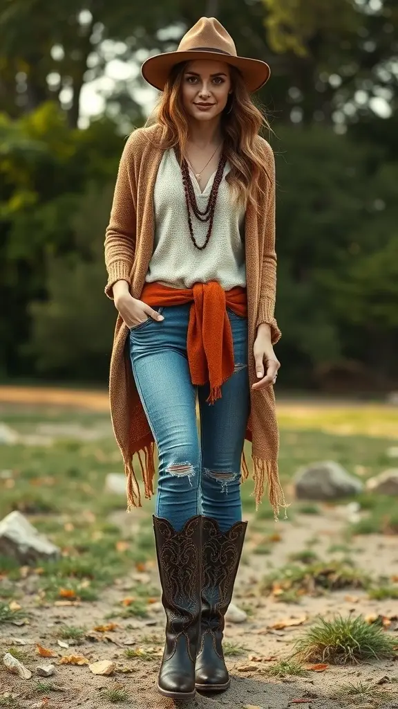 A woman wearing a layered boho outfit with a cardigan, sweater, distressed jeans, and stylish boots.
