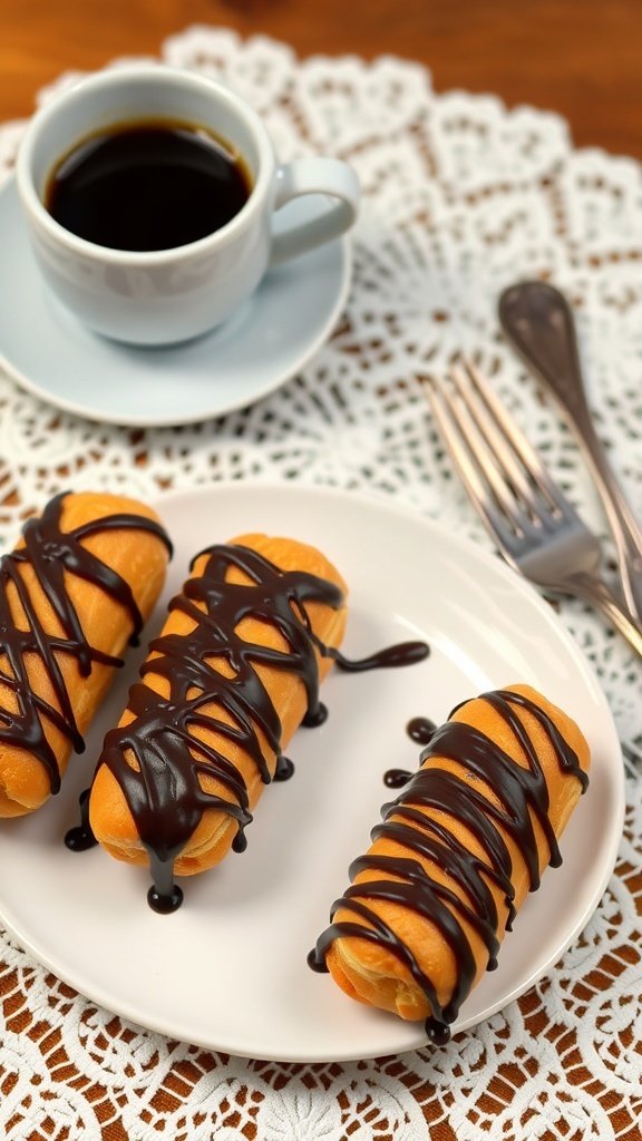 A plate of chocolate éclairs drizzled with chocolate sauce next to a cup of coffee.