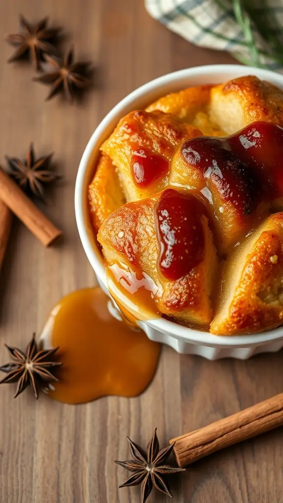 A warm serving of bread pudding topped with sauce and spices, evoking a classic dessert feel.