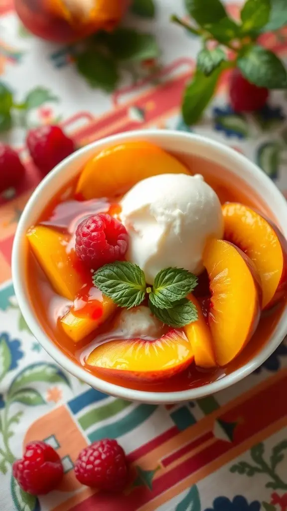 A bowl of Chilled Peach Melba with peach slices, raspberry sauce, vanilla ice cream, and mint leaves.