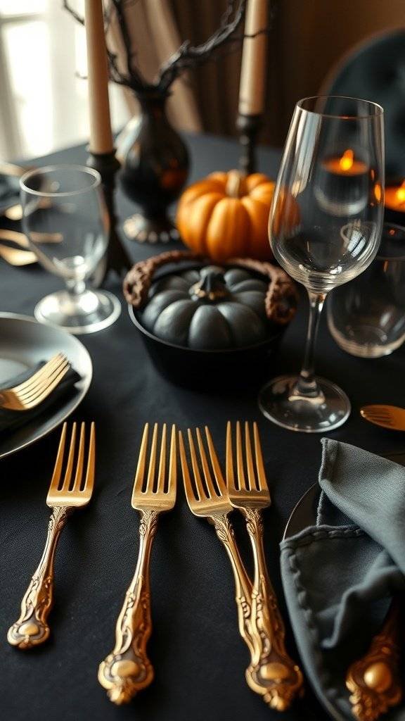 Chic black and gold cutlery on a Halloween-themed table setting.