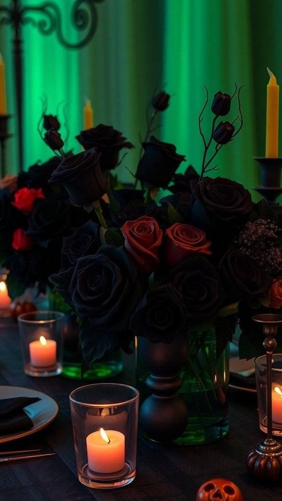A Halloween table setting featuring dark floral arrangements with black roses, candles, and spooky decor.