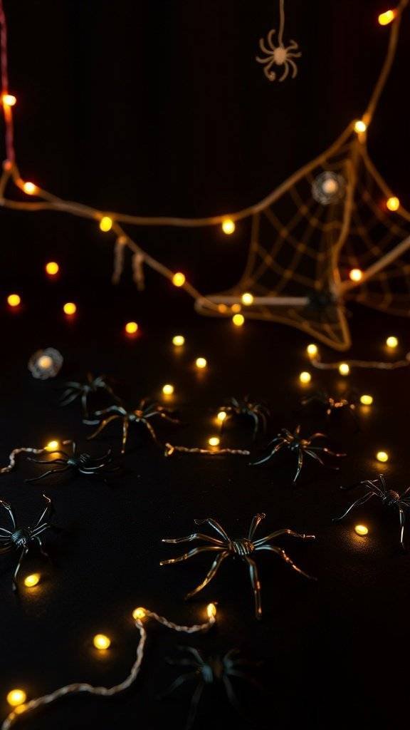 A Halloween table decorated with plastic spiders, lights, and a spider web.