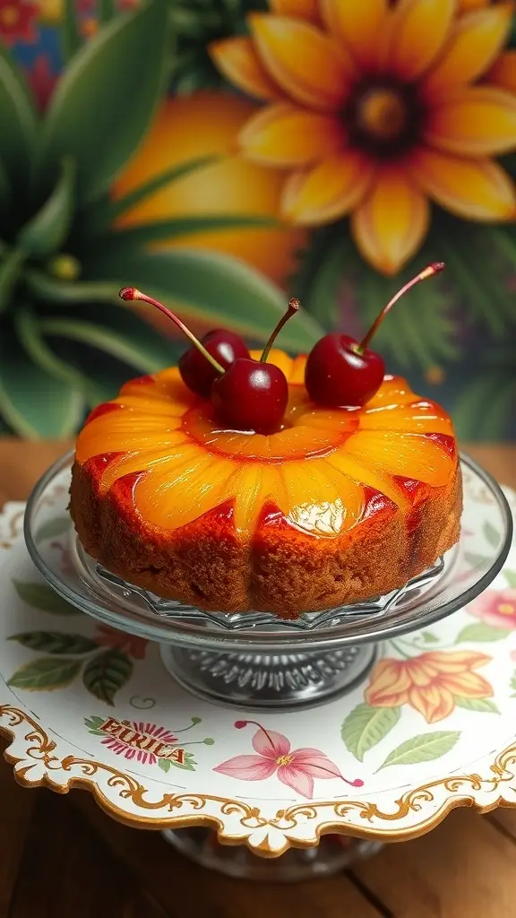 A beautifully arranged pineapple upside-down cake with cherries on top, set against a floral background.