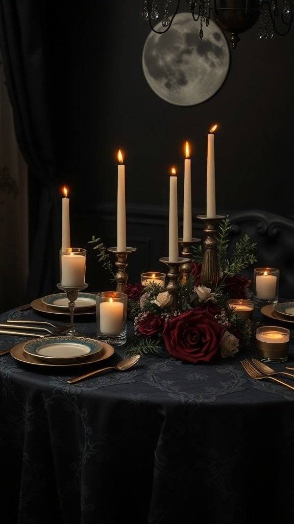 A gothic Halloween tablescape featuring a black lace tablecloth, candles, and red roses.