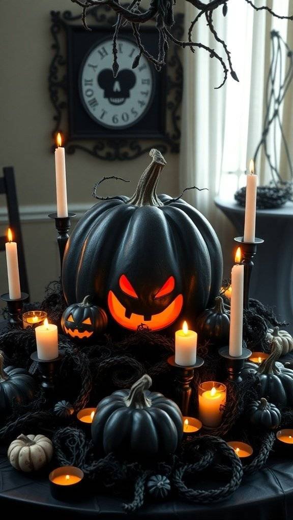 A spooky Halloween centerpiece featuring black and orange pumpkins, candles, and dark accents.