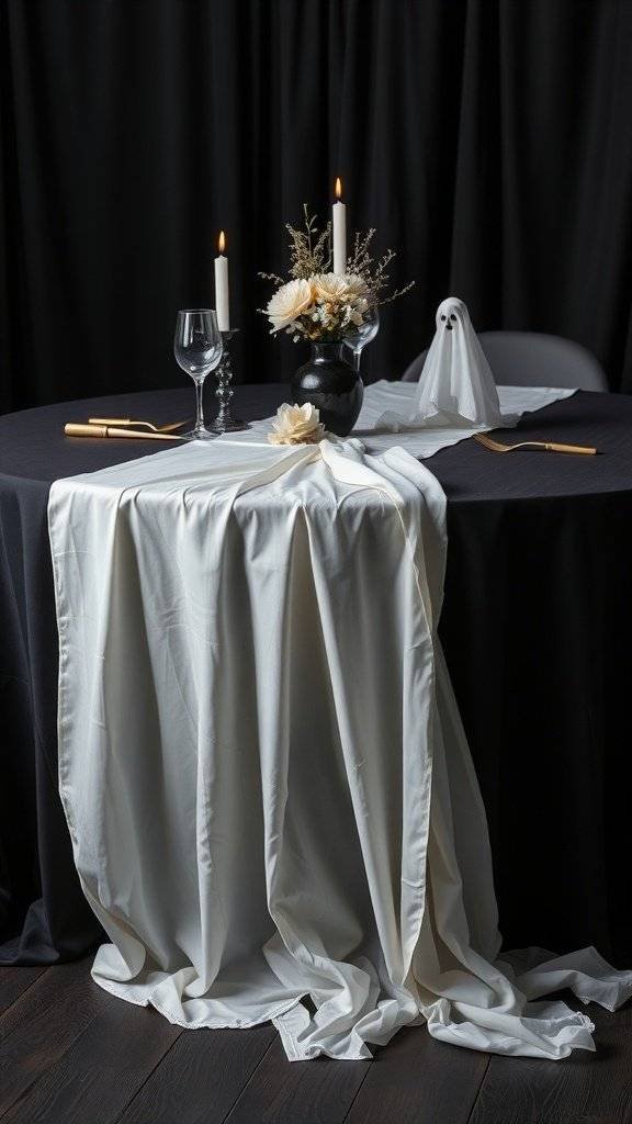 A Halloween-themed table setting featuring a ghostly white table runner, dark tablecloth, candles, and floral arrangements.