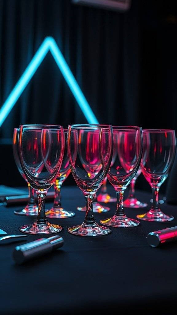 A close-up of clear glasses with neon pink and blue lighting, set on a dark tablecloth.