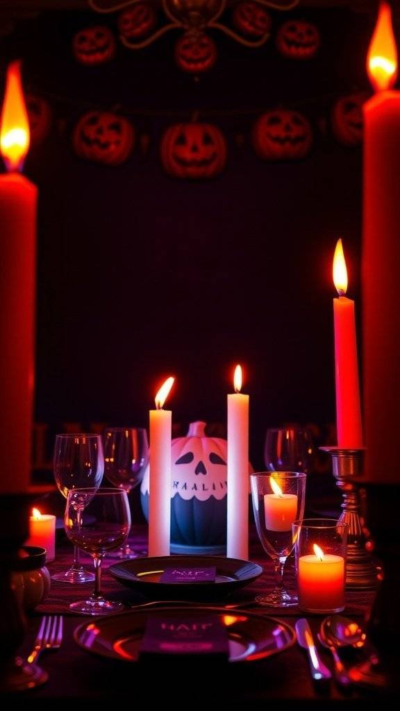 A Halloween-themed table setting with neon candles, black plates, and a pumpkin centerpiece.