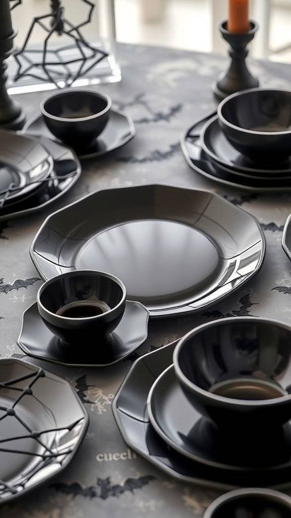 Elegant black tableware set on a spooky Halloween-themed table