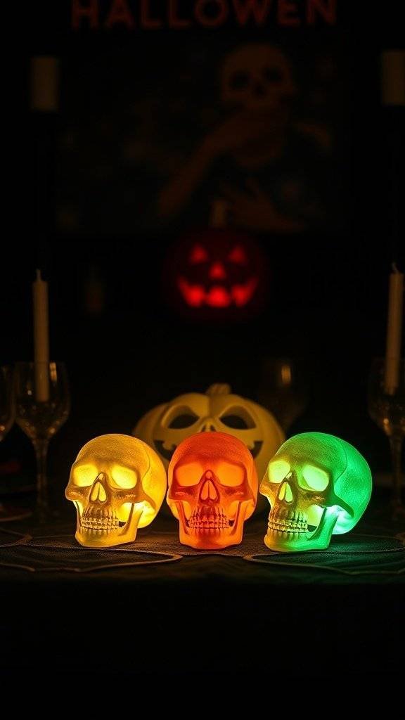 Three illuminated skulls in orange and green on a Halloween table with a jack-o'-lantern in the background.