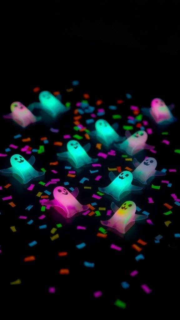 Neon ghost table confetti scattered on a dark surface, featuring glowing ghost figures and colorful confetti.