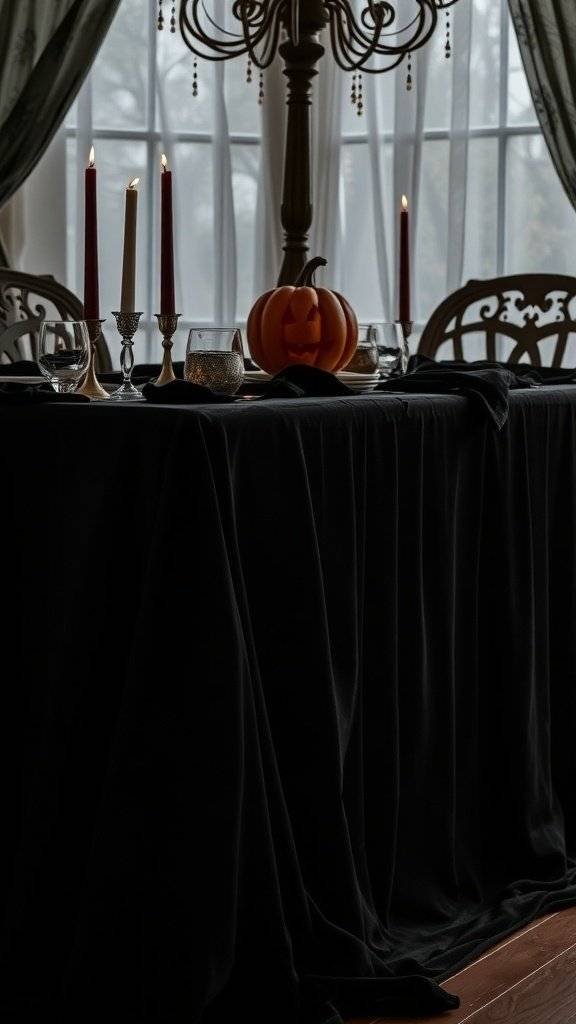 A dark velvet table setting with candles and a carved pumpkin for Halloween.