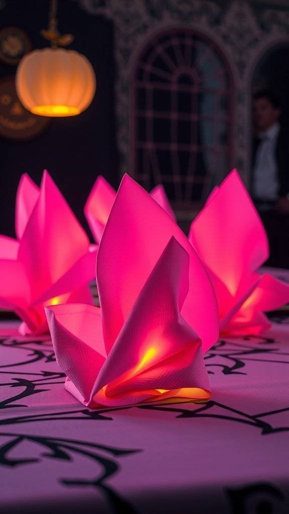 A Halloween-themed table setting featuring vibrant orange napkins, a neon 'Halloween' sign, and spooky decorations.