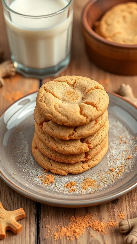 A stack of ginger snap cookies on a plate with a glass of milk in the background.