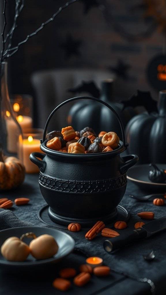 A black cauldron filled with orange and black candies, surrounded by mini pumpkins and cinnamon sticks on a dark table.