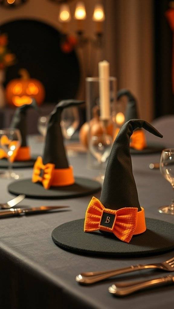 Table setting with witch hat place cards featuring orange bows