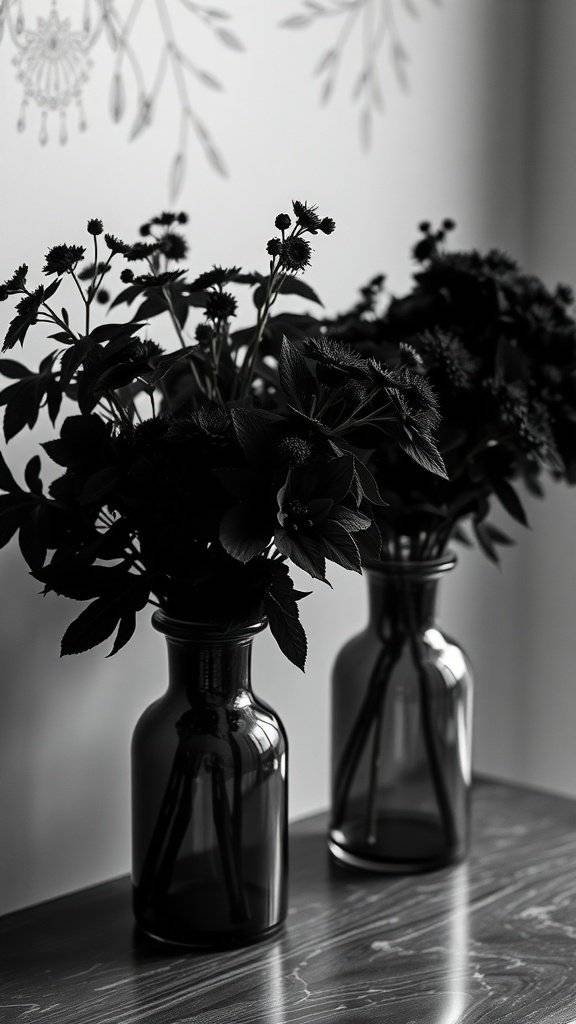 Two black glass vases filled with dark flowers on a table.