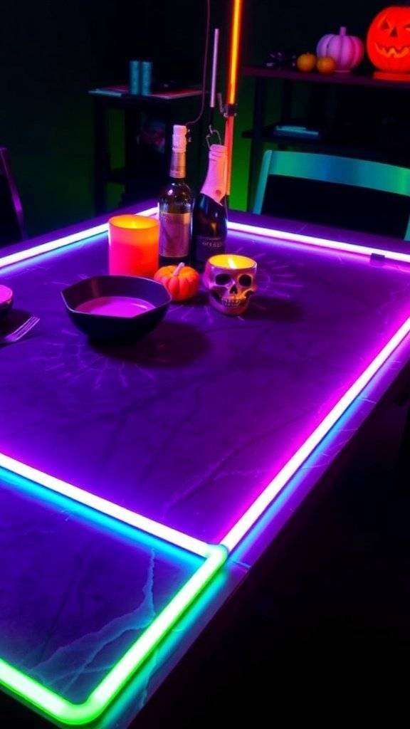 A Halloween-themed table setting with neon light strips, a pumpkin lantern, and spooky decorations.