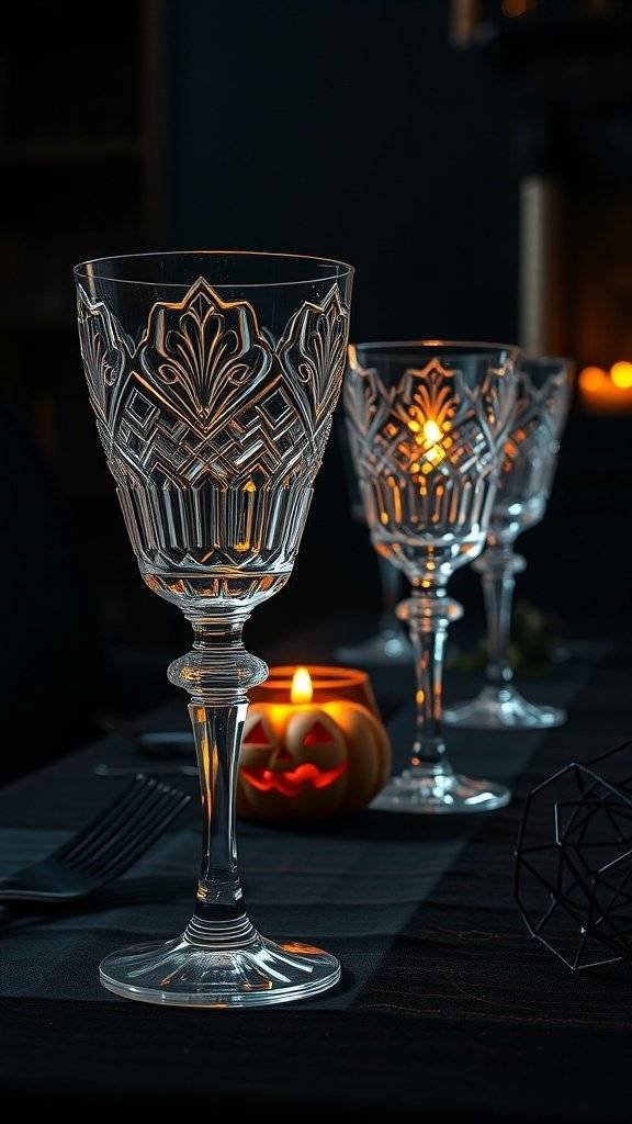 Elegant crystal glassware on a dark table with a pumpkin candle for Halloween