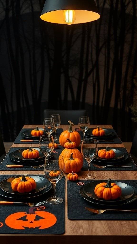 Halloween themed table mats with pumpkins on a wooden table