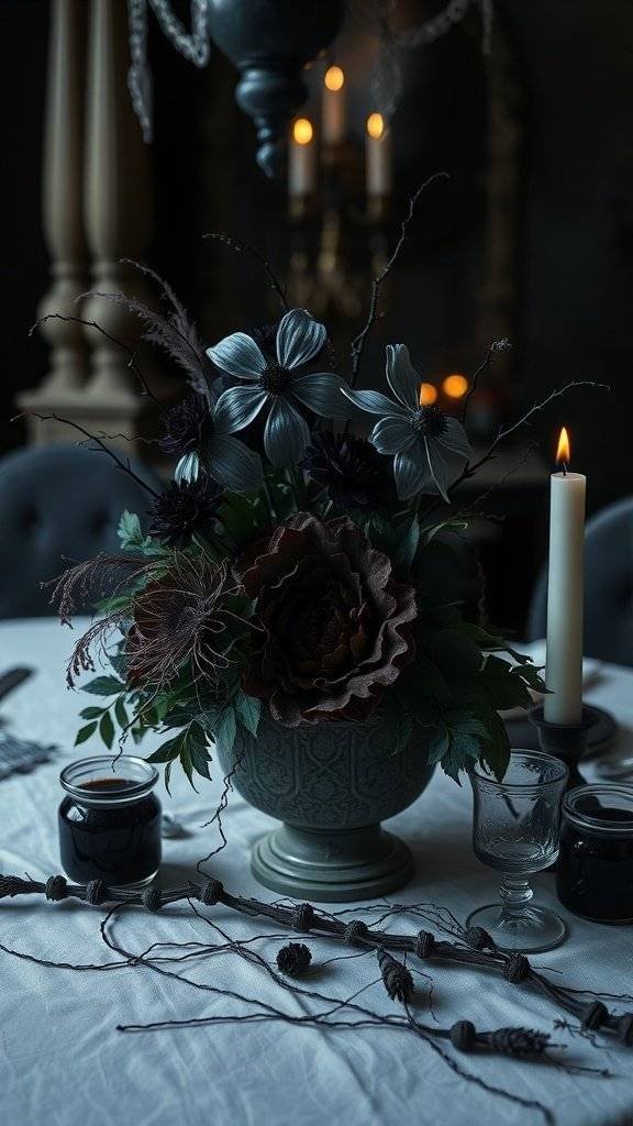 A dark floral centerpiece with black flowers, candles, and decorative elements for a Halloween table setting.