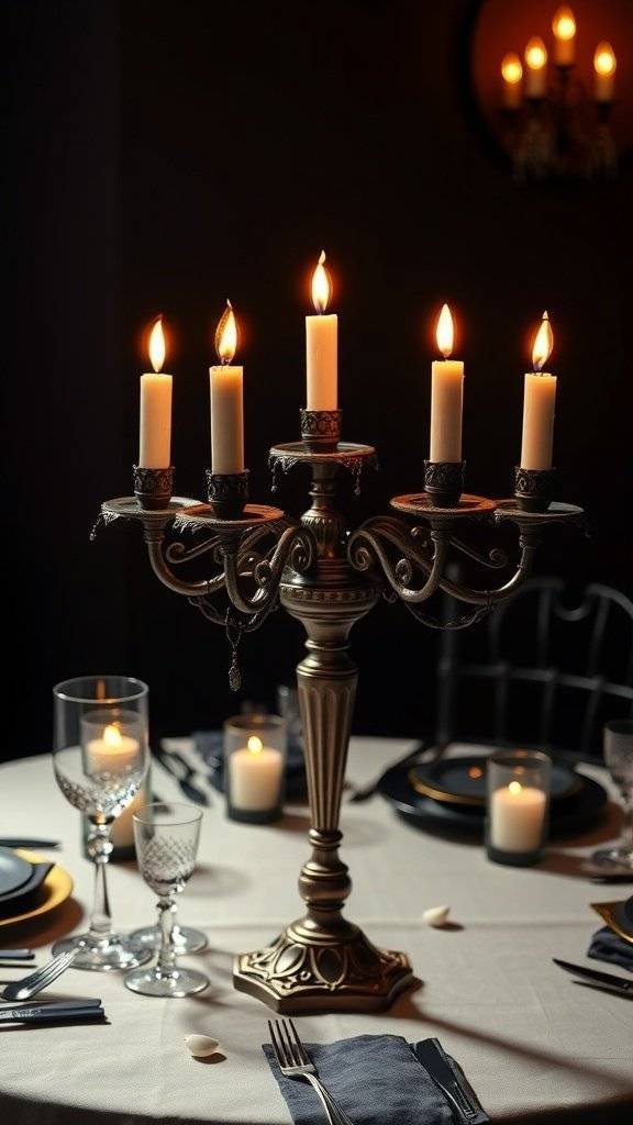 A gothic candelabra with five lit candles on a table set for Halloween, surrounded by elegant glassware and additional candles.