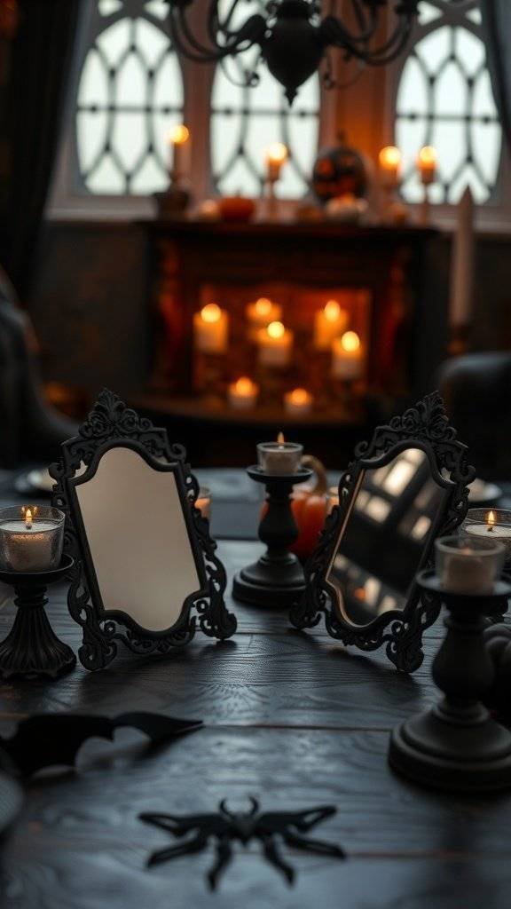 Gothic mirrors on a Halloween table with candles and spooky decorations.