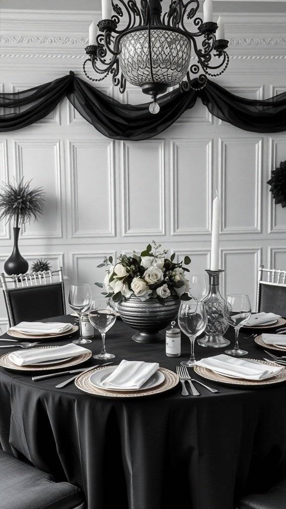 Elegant black and white Halloween tablescape with a centerpiece of white roses, crystal glassware, and a vintage chandelier.