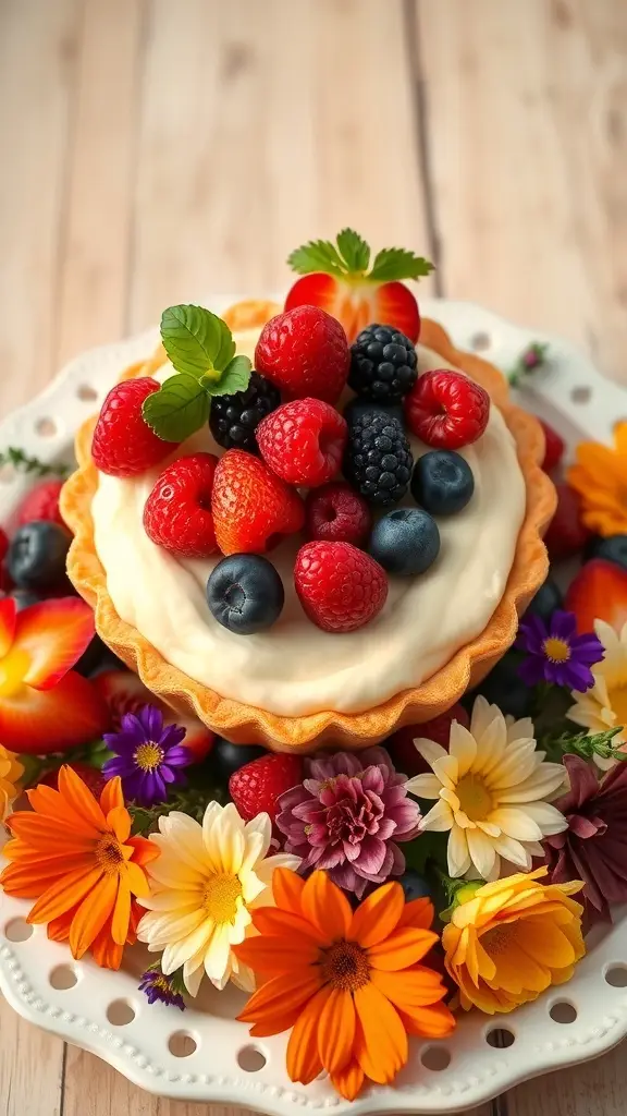 A charming fruit tart topped with fresh berries and surrounded by colorful flowers.