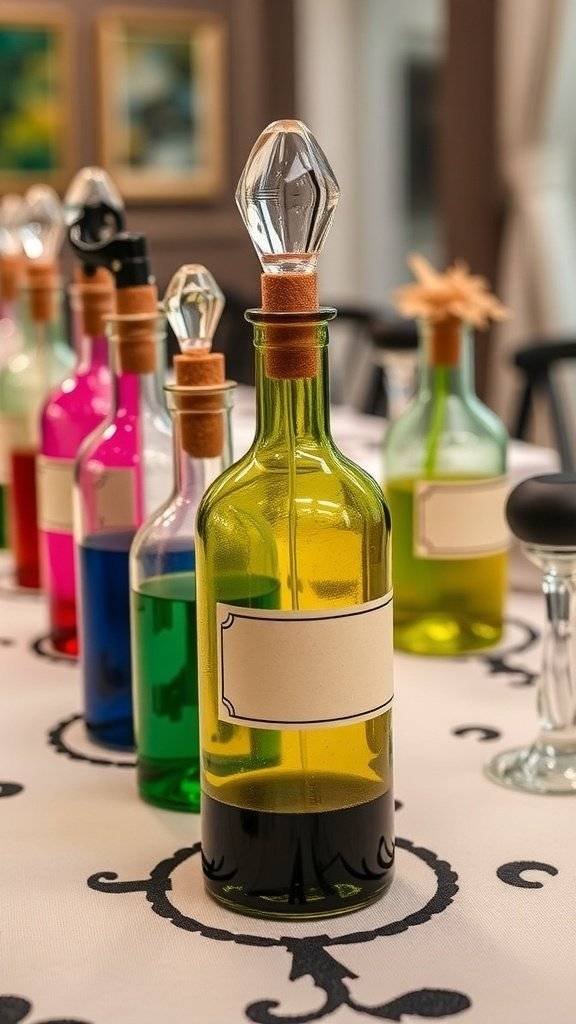 Colorful potion bottles on a wooden tray with labels, surrounded by chocolate coins.