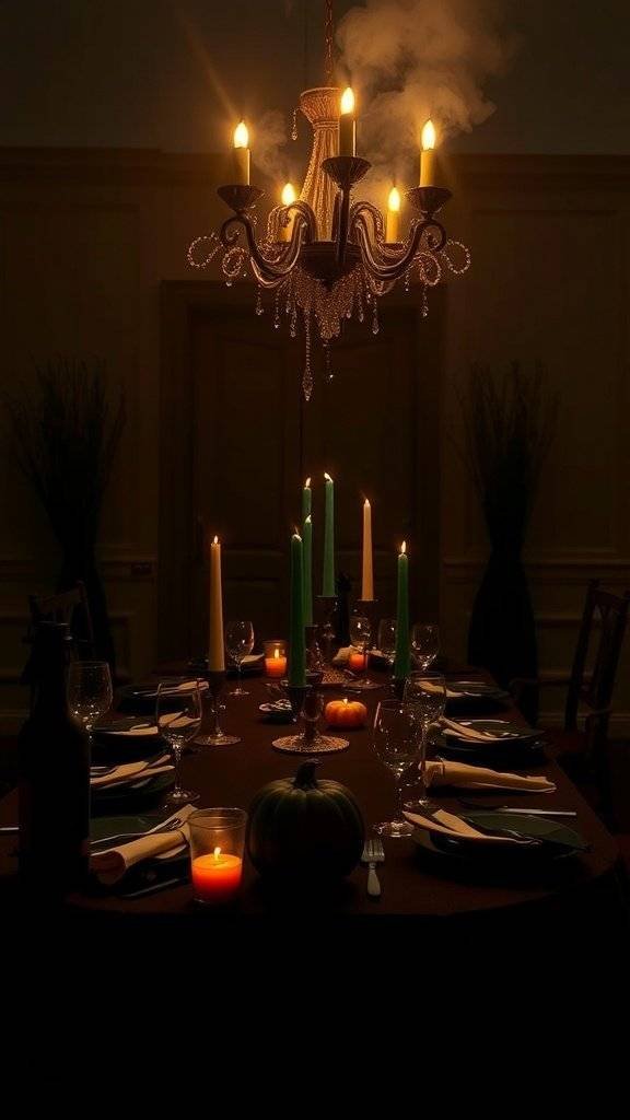 A dimly lit Halloween tablescape featuring a chandelier, candles, and decorative pumpkins.