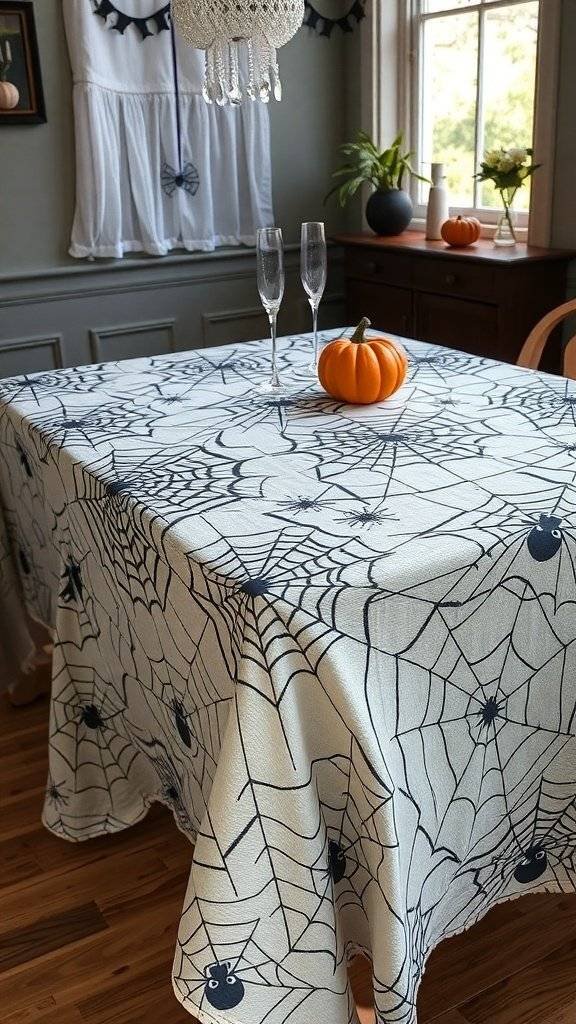 A table covered with a spider web tablecloth, featuring a small pumpkin and two glasses.