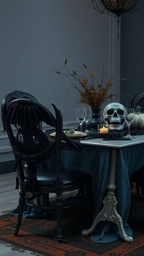 Gothic-inspired chair decor with dark fabrics and spooky accents for a Halloween tablescape.