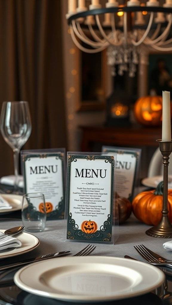 Thematic Halloween menu cards on an elegantly set table with pumpkins and candles.