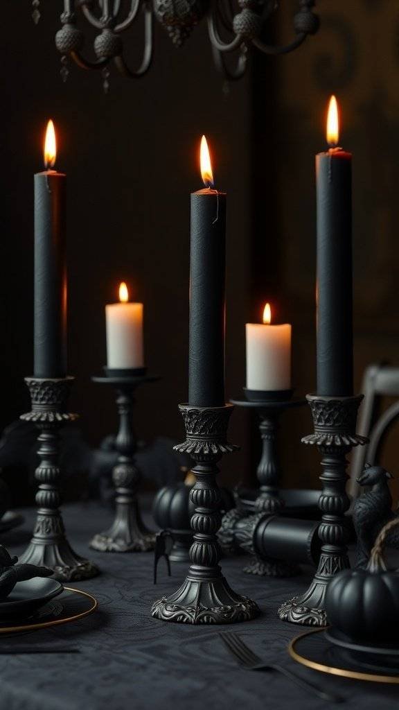 Elegant black candles in ornate holders on a Halloween-themed table