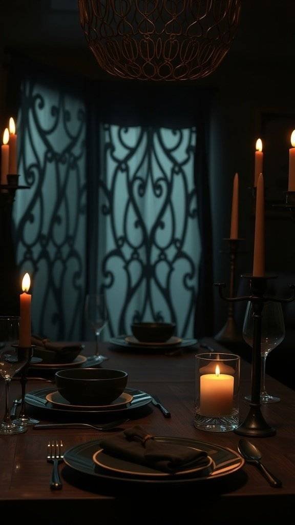 A dark and mysterious Halloween tablescape featuring black dinnerware, candles, and intricate curtains.