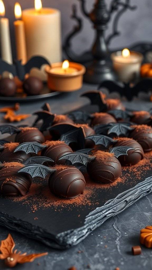 Dark chocolate bat truffles on a slate platter with candles and Halloween decorations