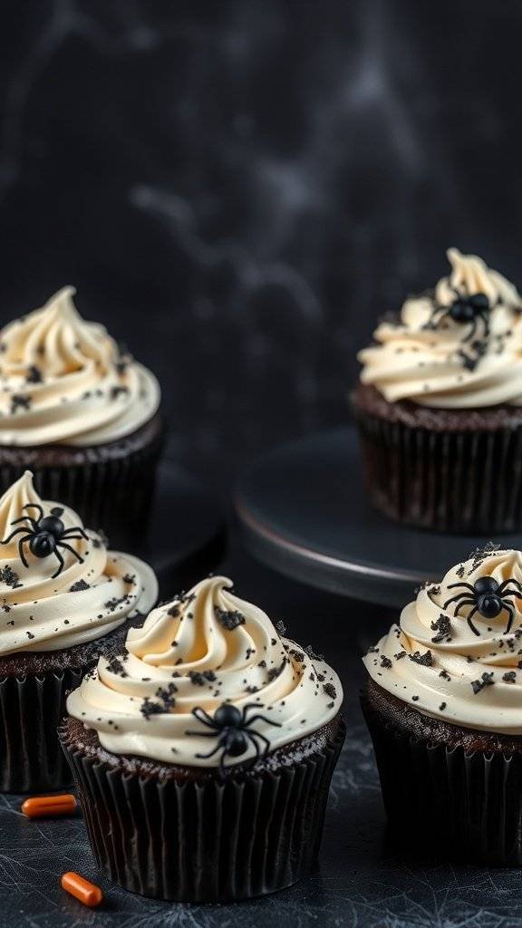 Sinister black velvet cupcakes with cream cheese frosting, decorated with black cookie crumbs and edible spiders.