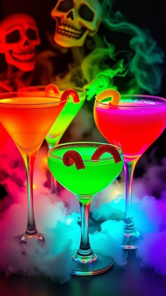 Colorful neon-glow Halloween cocktails with gummy worms and dry ice effects.