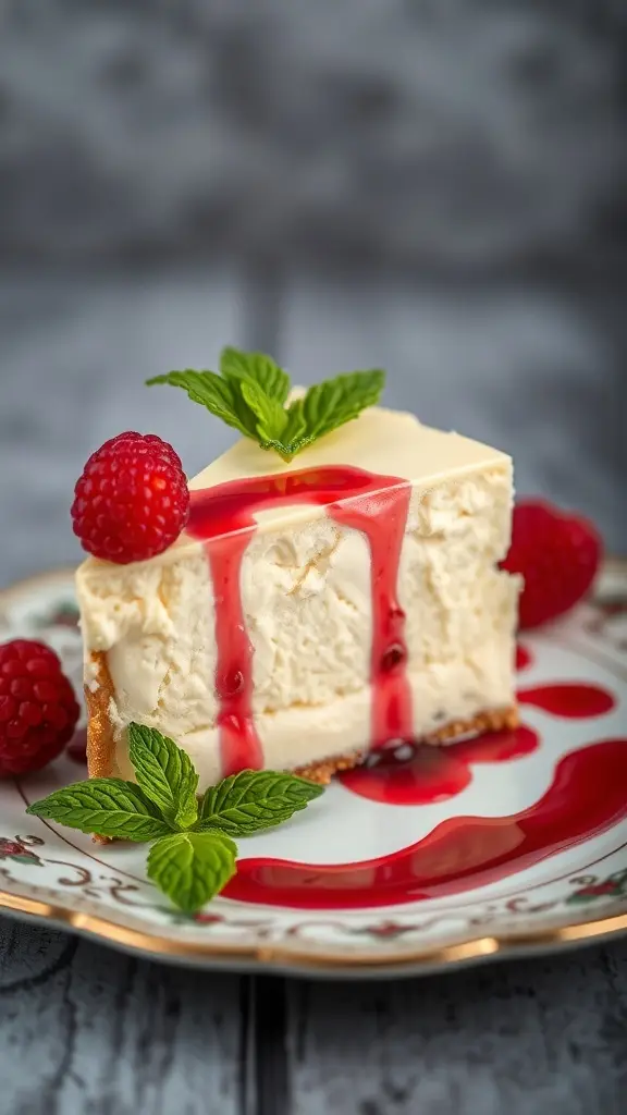 A slice of creamy cheesecake topped with raspberry sauce, fresh raspberries, and mint leaves on a decorative plate.