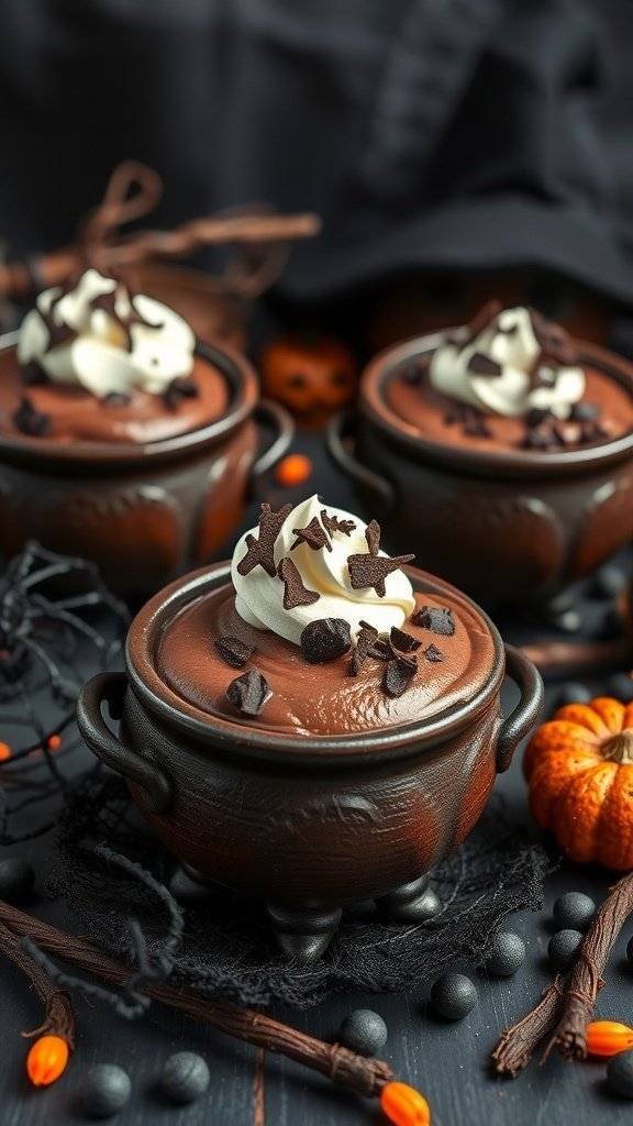 Wicked Witch's Brew Chocolate Mousse served in cauldron-shaped cups with whipped cream and chocolate shavings
