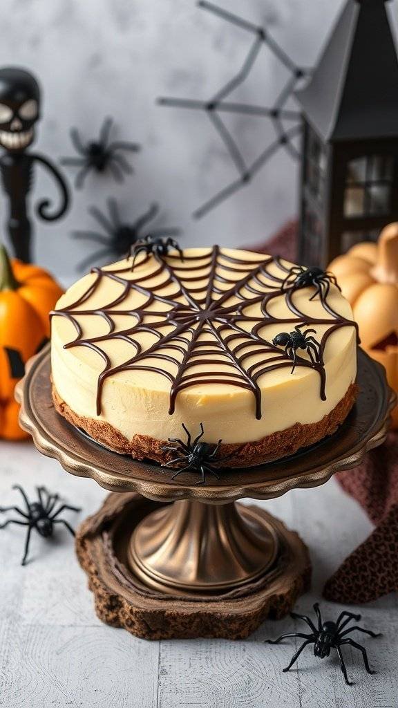 A spiderweb cheesecake decorated with chocolate drizzle and plastic spiders, set on a decorative stand.